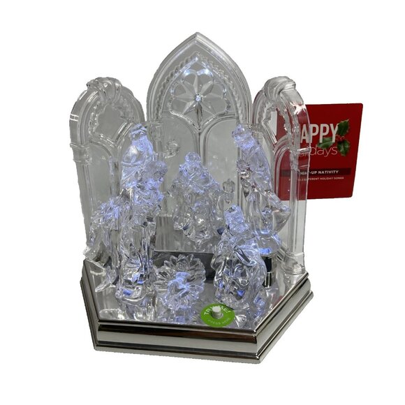 Happy Holiday Christmas Nativity Manger Light Up Musical Acrylic Plays Songs 7.7 - Picture 2 of 11